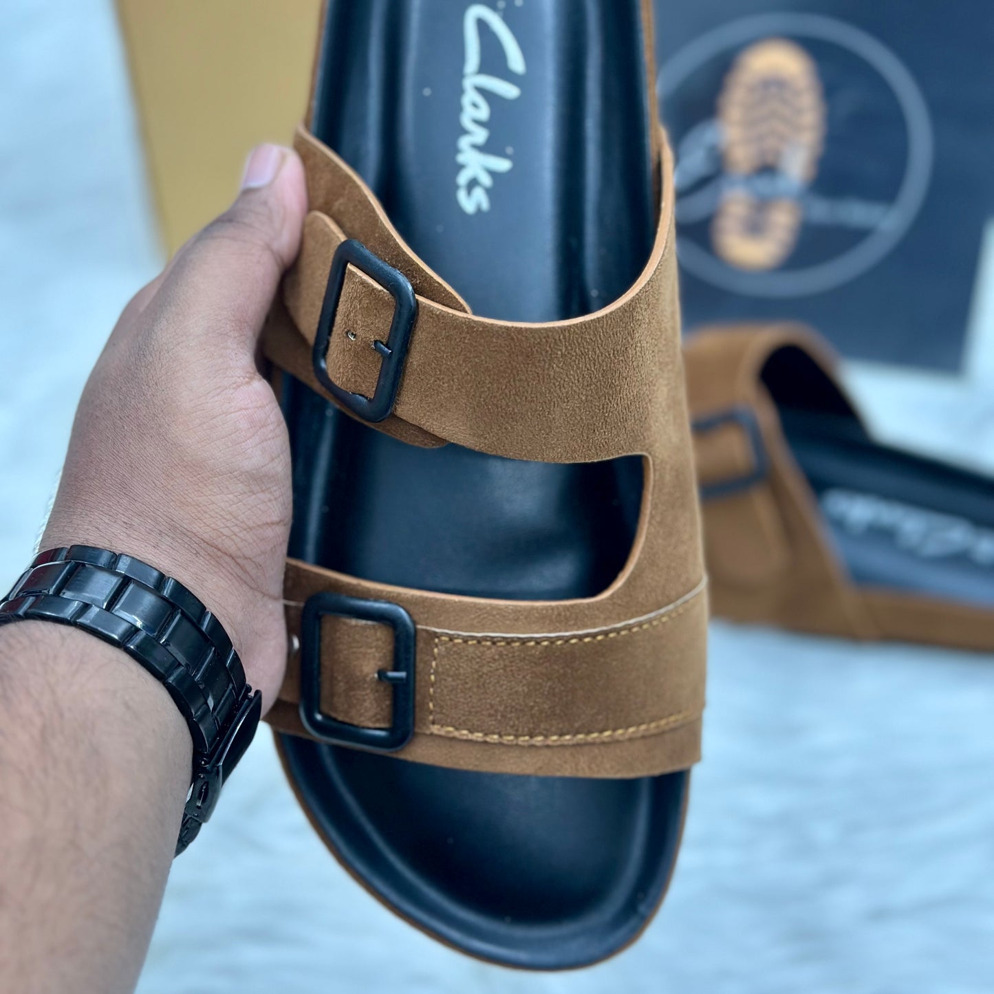 Esrakz Double Buckle Suede Slide Sandals – Mustard 01