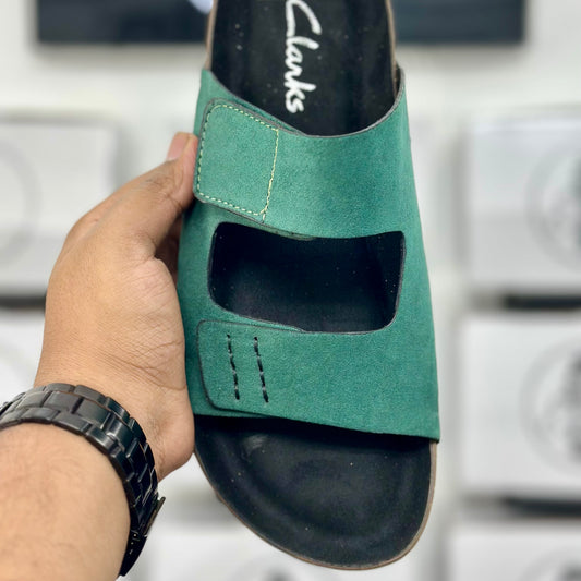 Esrakz Emerald Green Suede Double Adjustable Slide Sandal | Cork Footbed