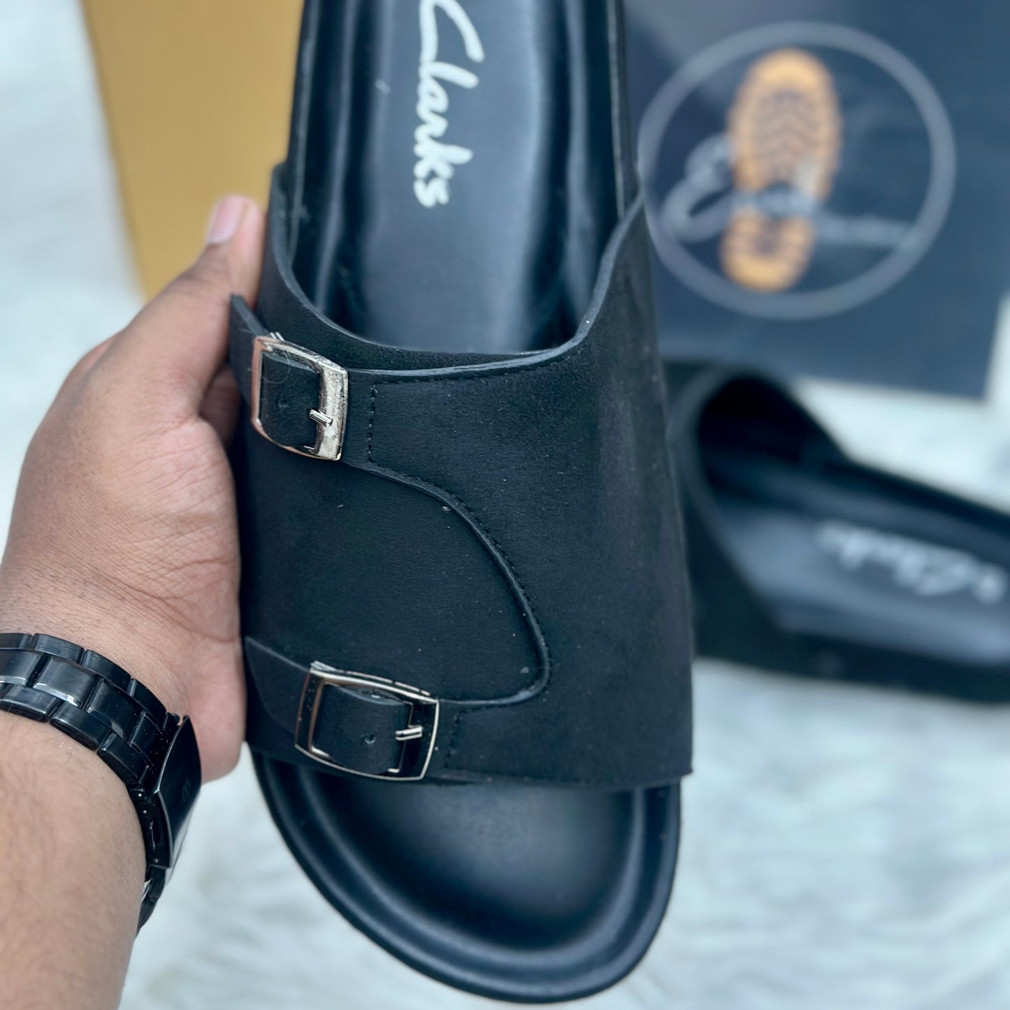 Esrakz Double Buckle Suede Slide Sandals – Black 03
