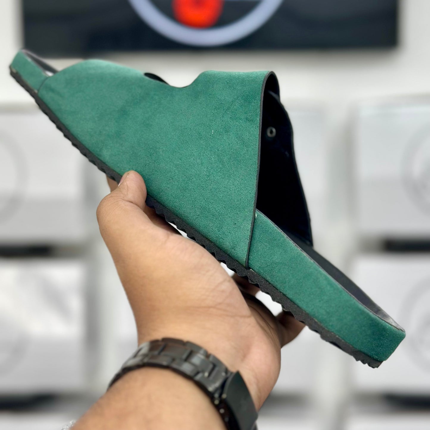 Esrakz Buckle Slides in Green Suede-Look