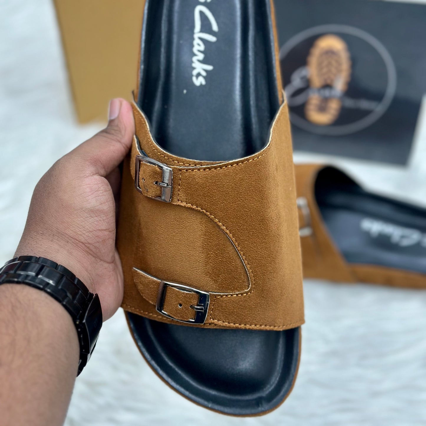 Esrakz Double Buckle Suede Slide Sandals – Mustard 02