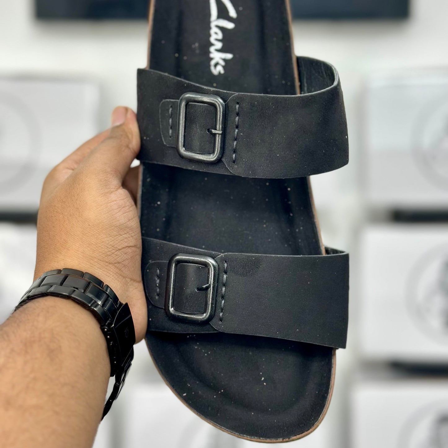 Esrakz Black Two-Strap Slide with Adjustable Matte Buckles