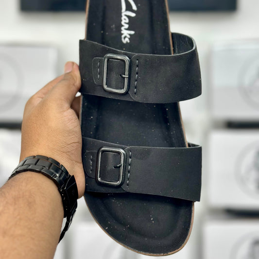 Esrakz Black Two-Strap Slide with Adjustable Matte Buckles