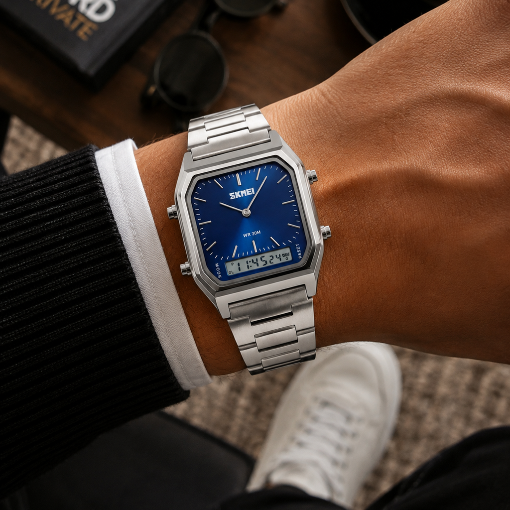 SKMEI 1220 Men’s Stainless Steel Analog-Digital Watch – Silver Blue