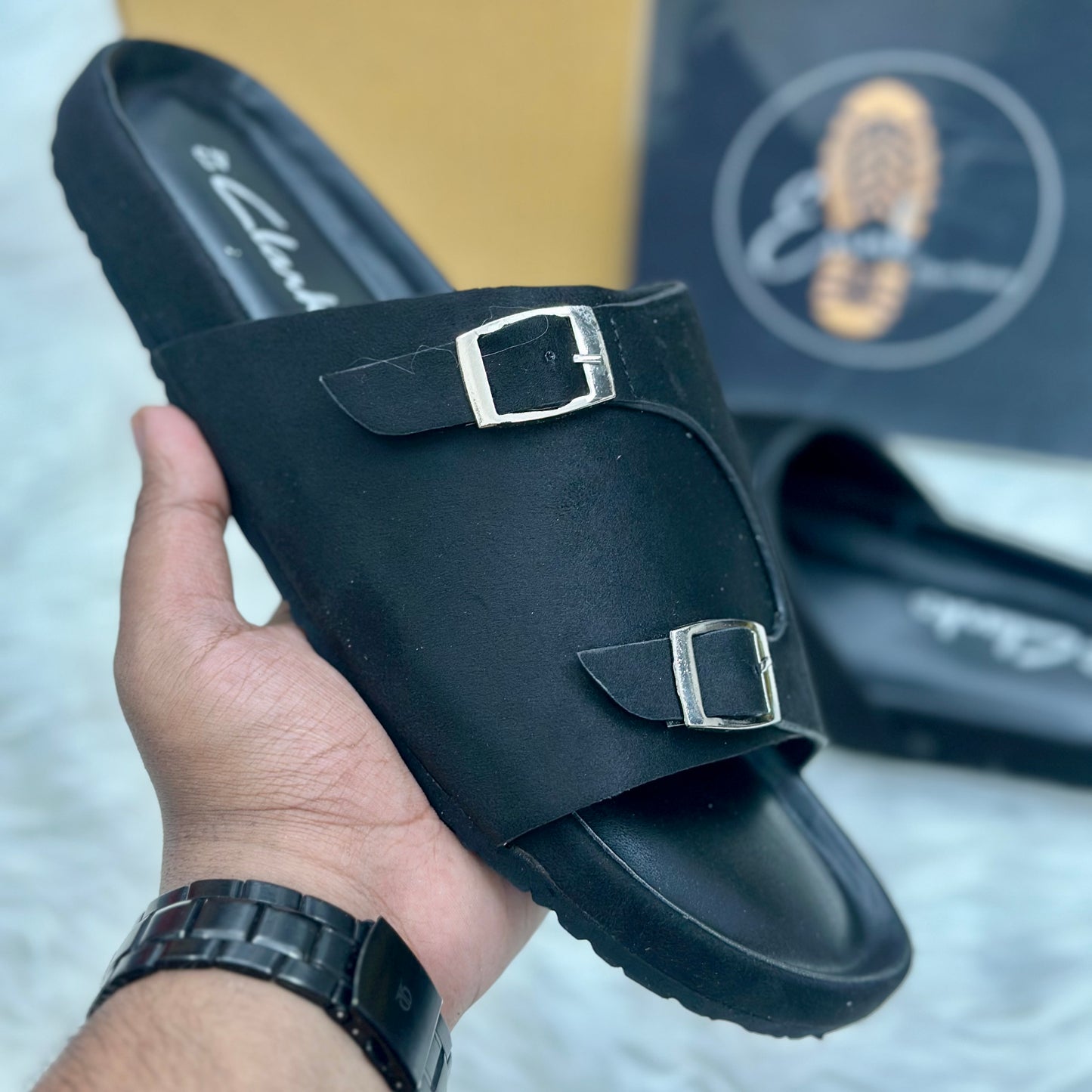 Esrakz Double Buckle Suede Slide Sandals – Black 03