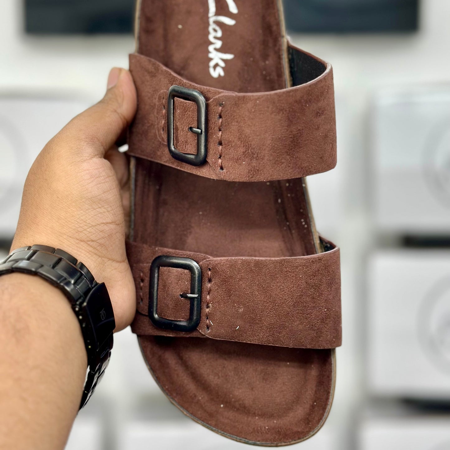 Esrakz Rich Brown Dual-Strap Cork Footbed Comfort Slides