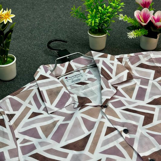 Brown Geometric Maze Print Short Sleeve Shirt – Trendy Casual Wear for Men