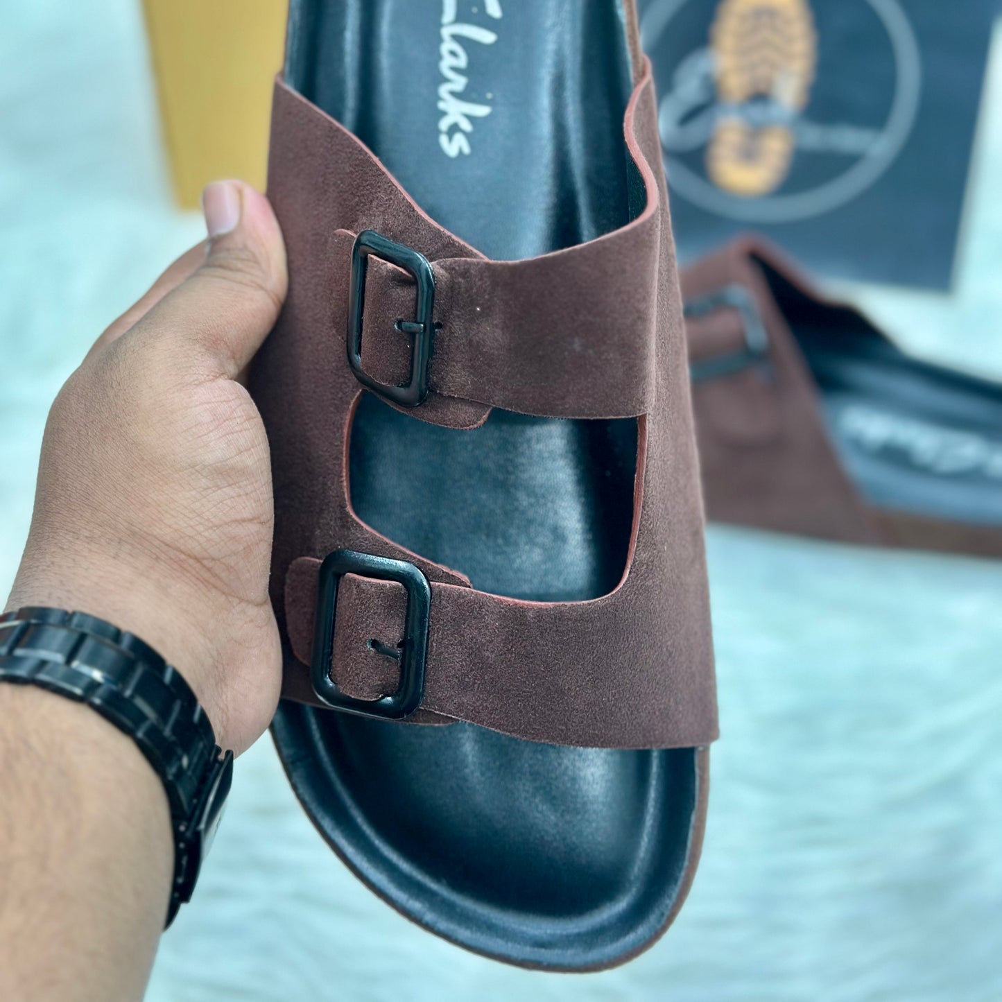 Esrakz Double Buckle Suede Slide Sandals – Chocolate 02