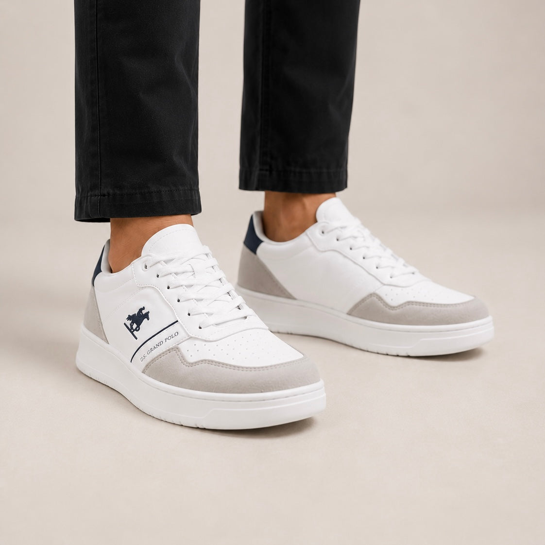 U.S. Grand Polo Men’s Premium White & Grey Casual Court Sneakers – Lace-Up Lifestyle Shoes