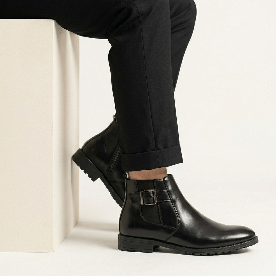Esrakz Black Polished Chelsea Boots – Ankle Fit Chain