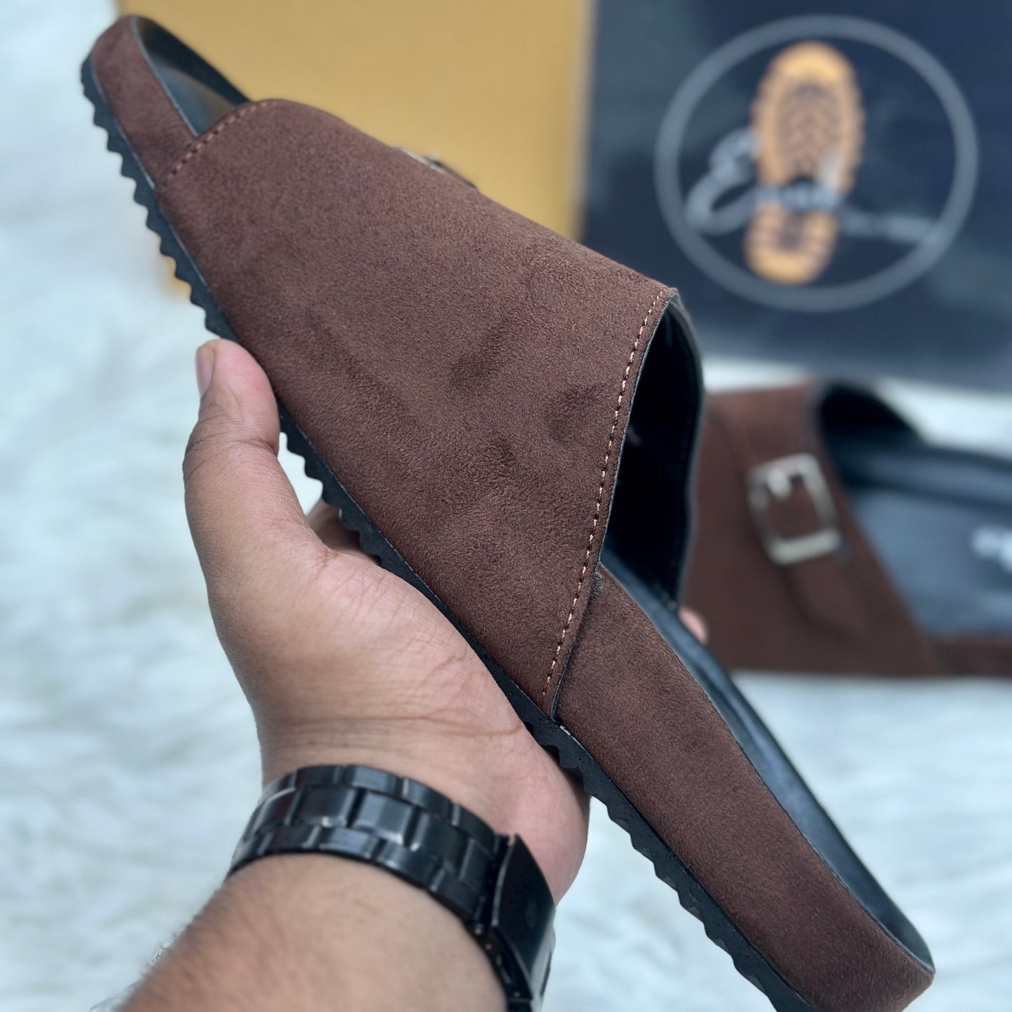 Esrakz Double Buckle Suede Slide Sandals – Chocolate 03