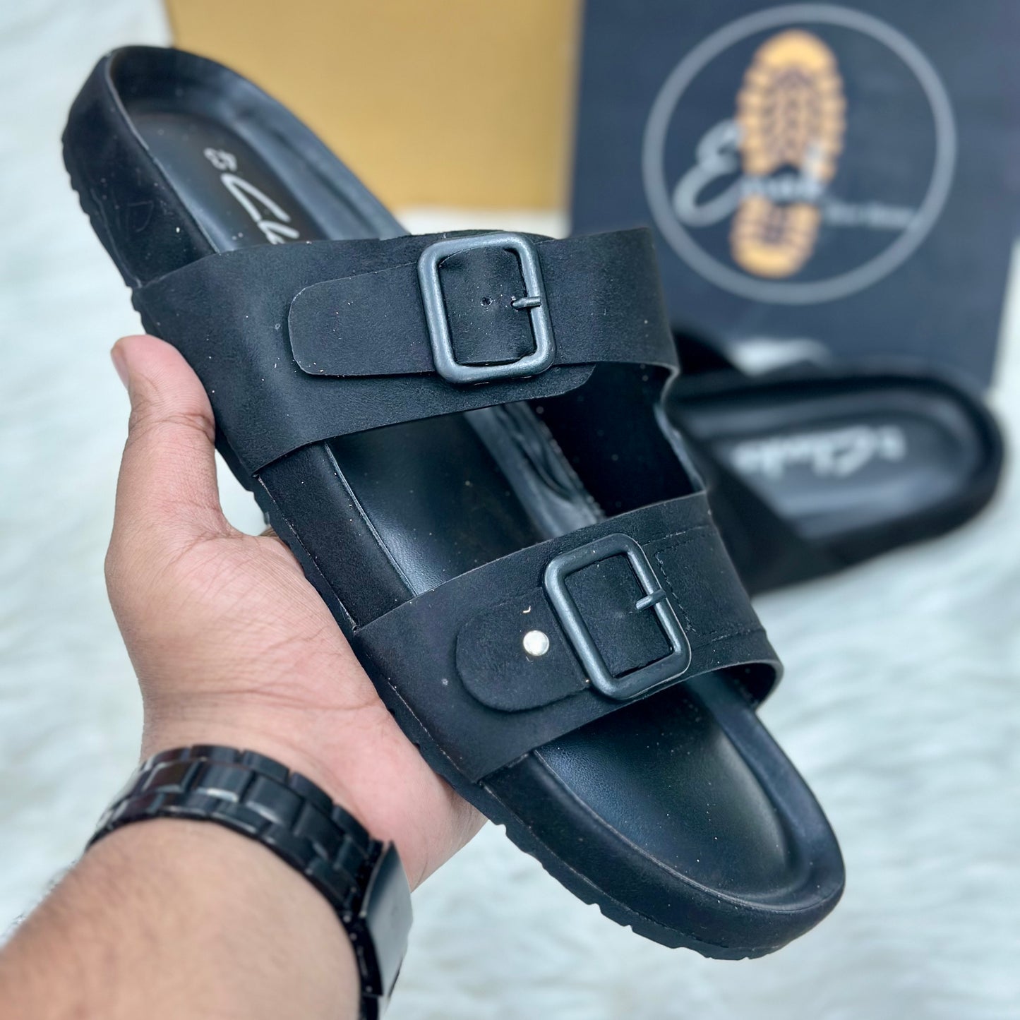Esrakz Double Buckle Suede Slide Sandals – Black 01