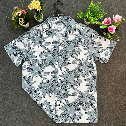 White Floral Print Short Sleeve Shirt – Stylish Summer Casual Wear for Men