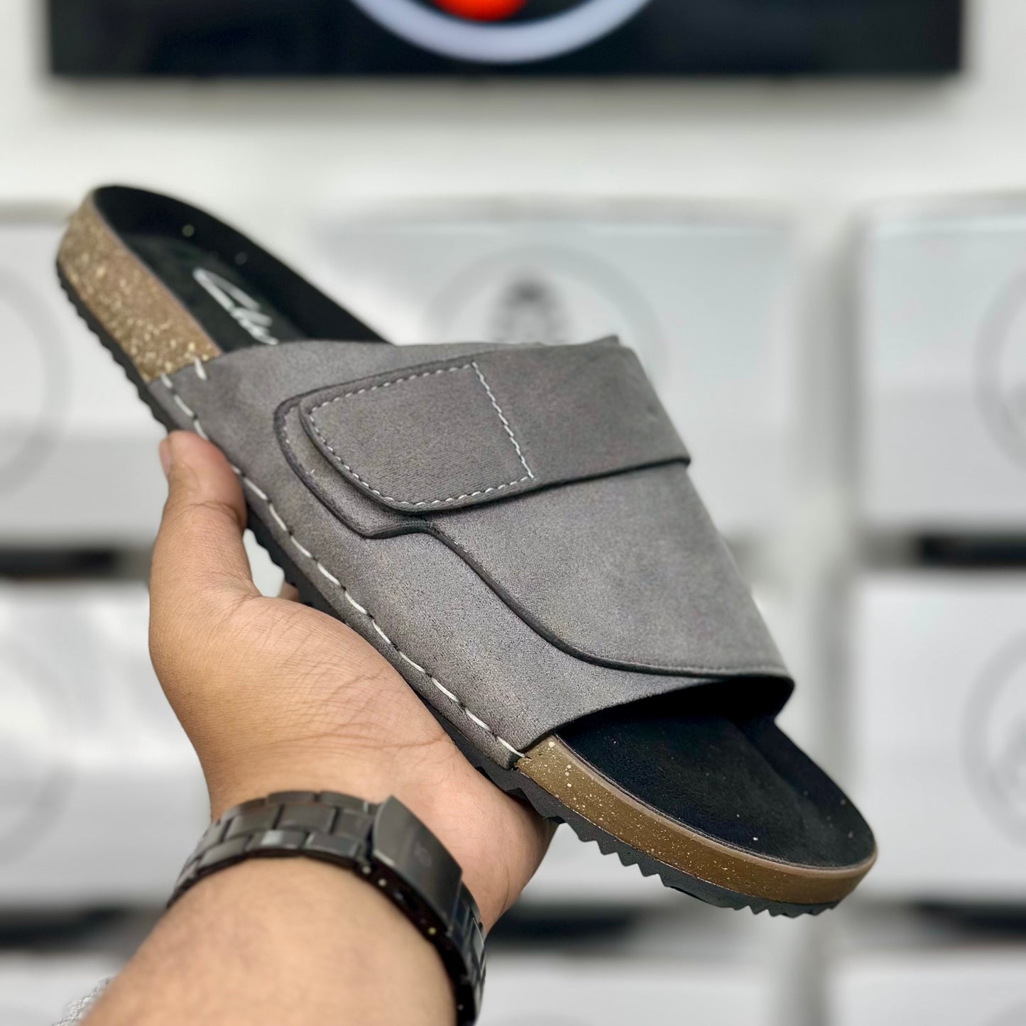 Esrakz Grey Suede Adjustable Comfort Slides