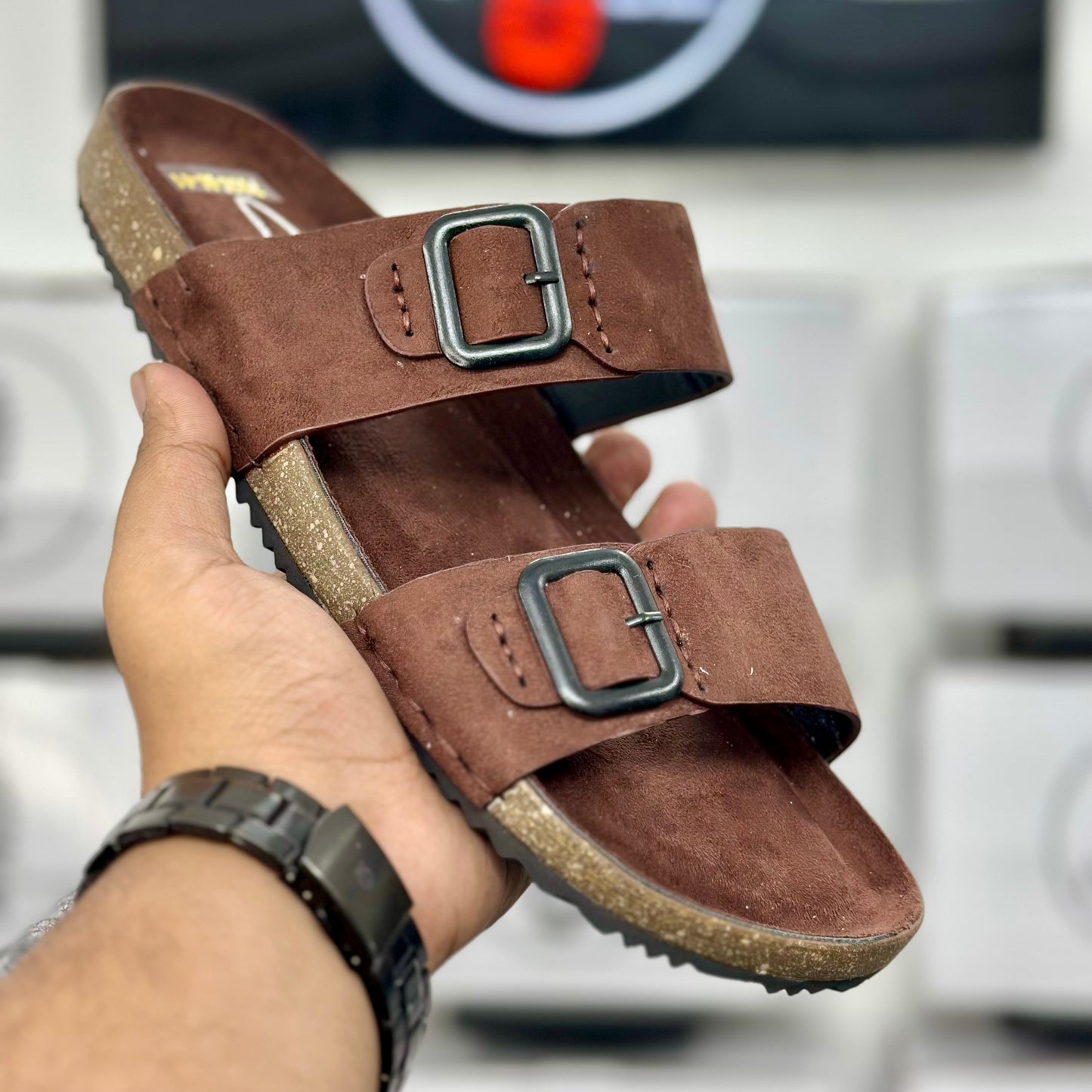 Esrakz Rich Brown Dual-Strap Cork Footbed Comfort Slides