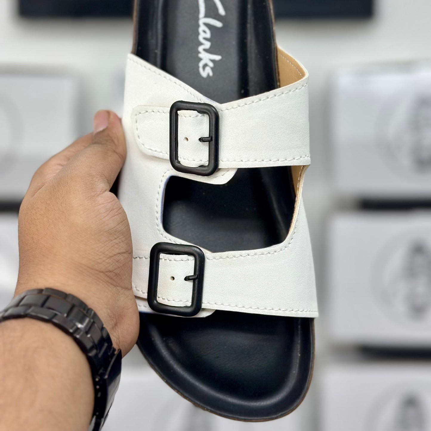 Esrakz White Two-Strap Buckle Slide Sandal | Cork Footbed