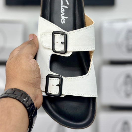 Esrakz White Two-Strap Buckle Slide Sandal | Cork Footbed