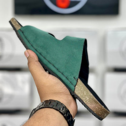 Esrakz Emerald Green Suede Double Adjustable Slide Sandal | Cork Footbed