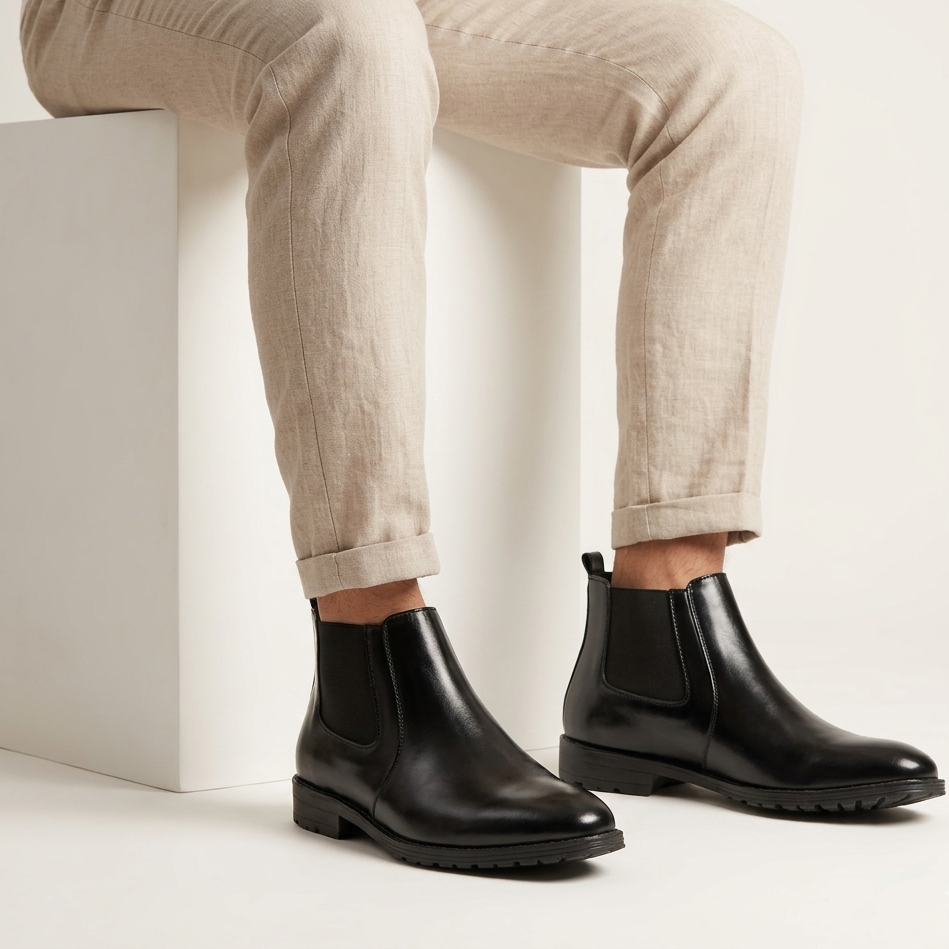 Esrakz Black Polished Chelsea Boots – Round Fit Elastic