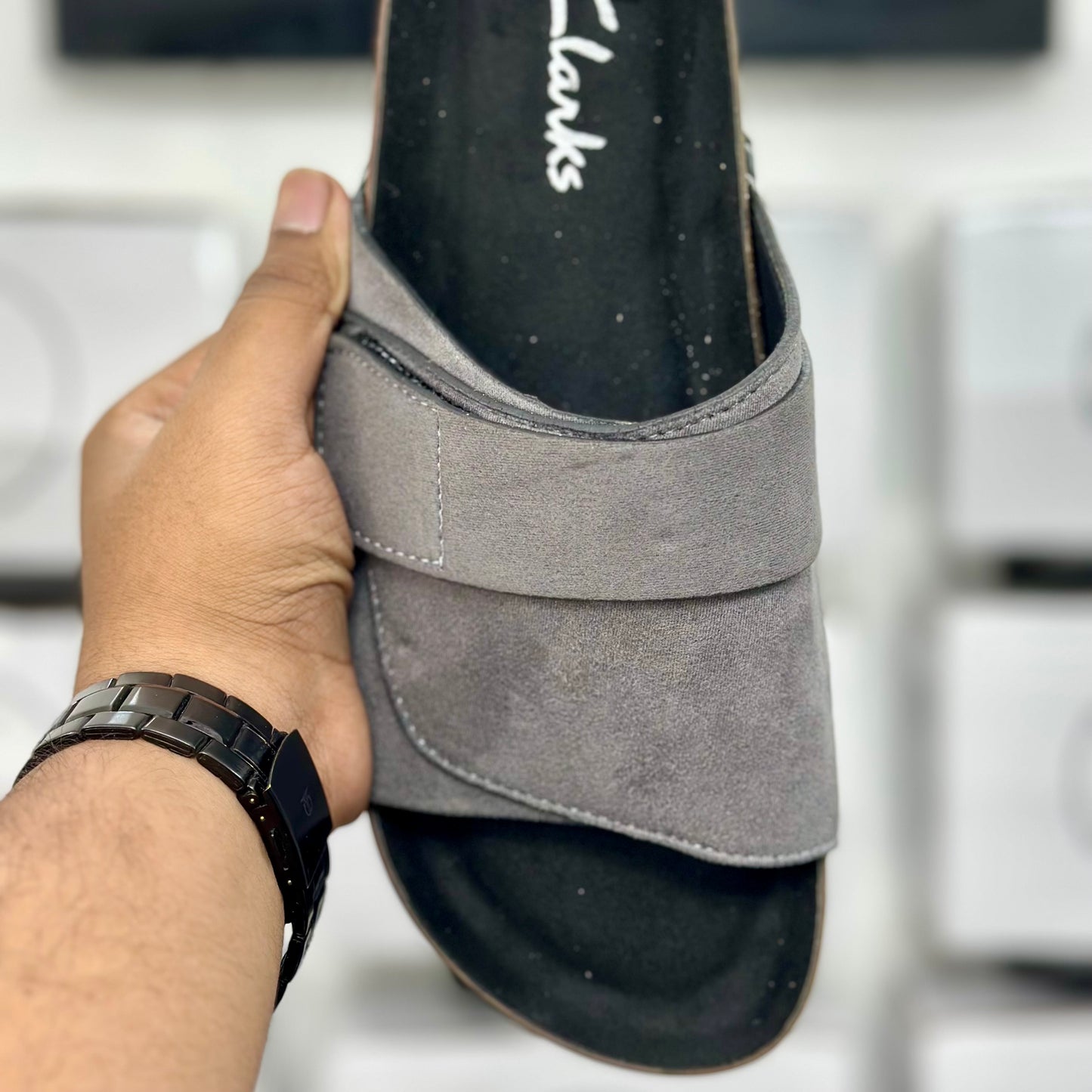 Esrakz Grey Suede Adjustable Comfort Slides