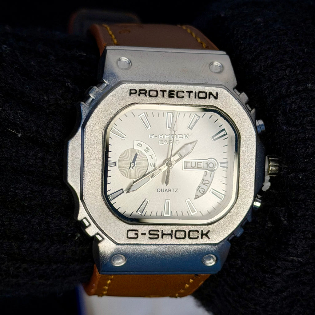 Casio G-SHOCK Metal Bezel Watch – Premium Leather Strap Edition| Chocolate Belt