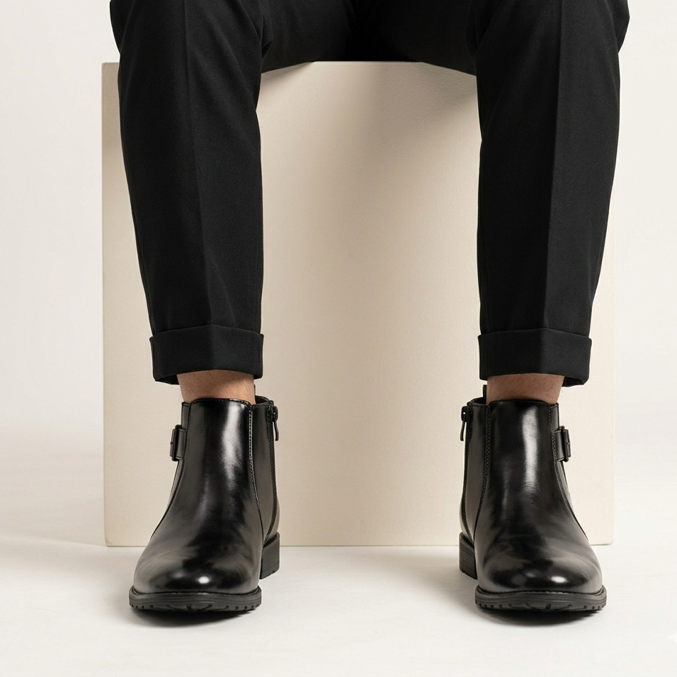 Esrakz Black Polished Chelsea Boots – Ankle Fit Chain