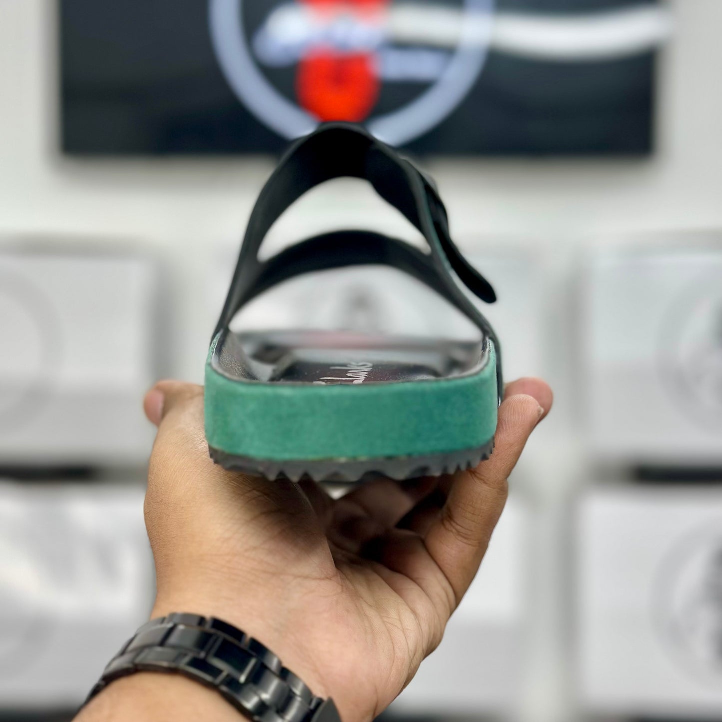 Esrakz Emerald Suede Two-Strap Slide Sandal | Black Sole Comfort