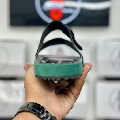 Esrakz Emerald Suede Two-Strap Slide Sandal | Black Sole Comfort