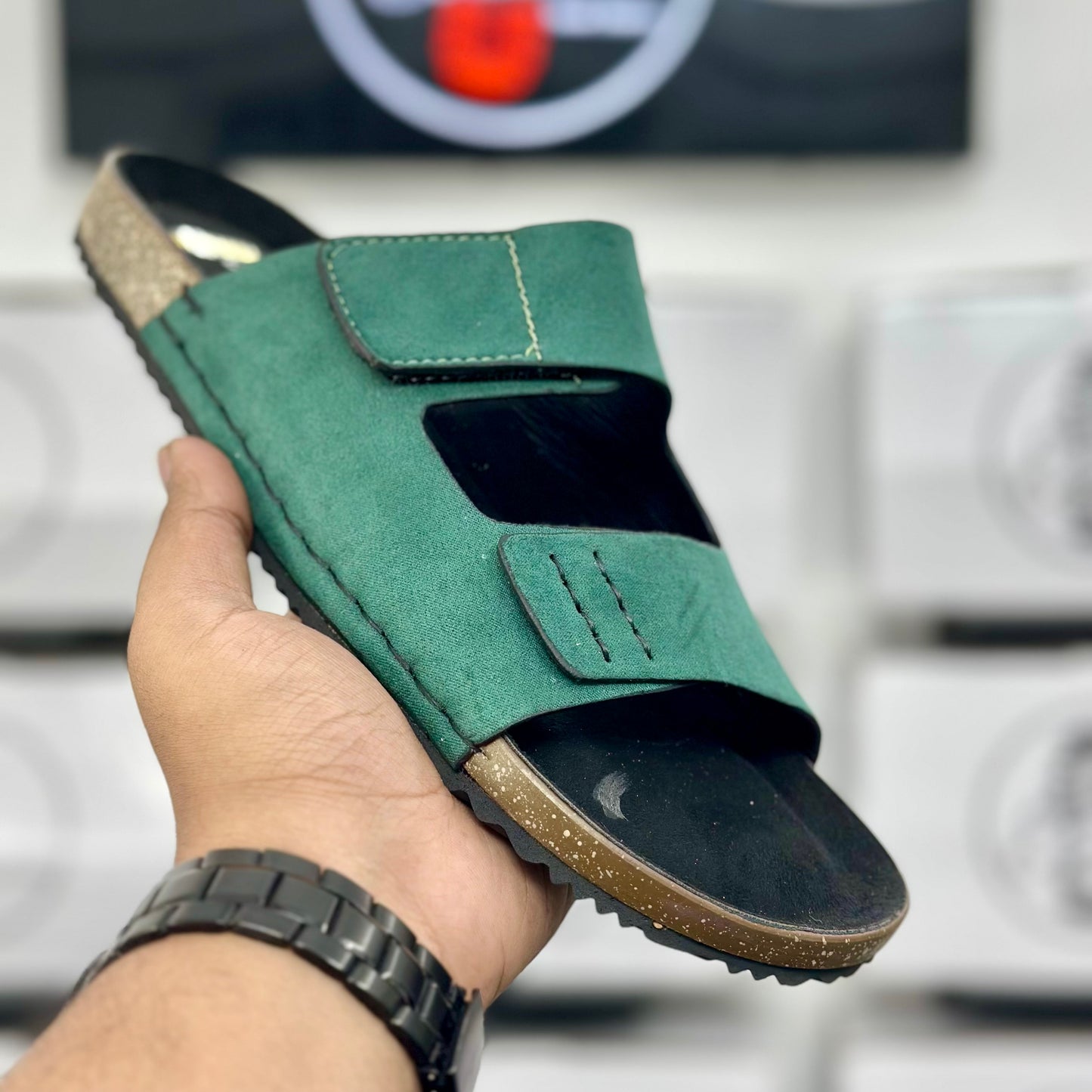 Esrakz Emerald Green Suede Double Adjustable Slide Sandal | Cork Footbed