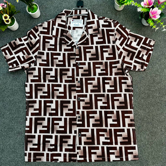 Brown Geometric Print Short Sleeve Shirt – Bold Casual Wear for Men