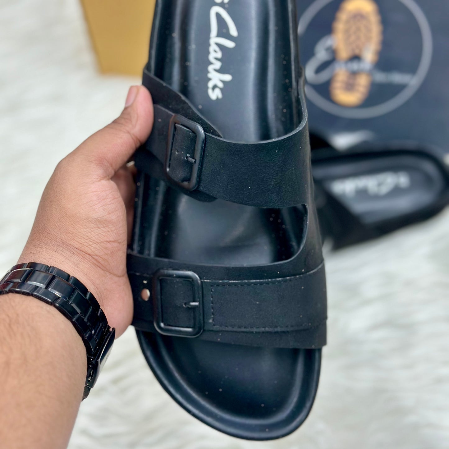Esrakz Double Buckle Suede Slide Sandals – Black 01