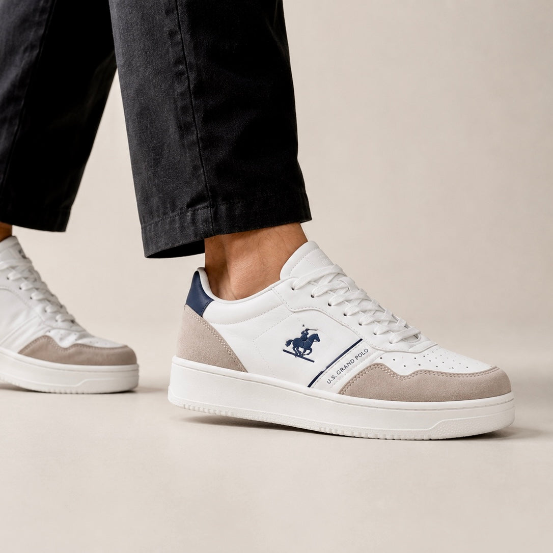 U.S. Grand Polo Men’s Premium White & Beige Casual Court Sneakers – Lace-Up Lifestyle Shoes