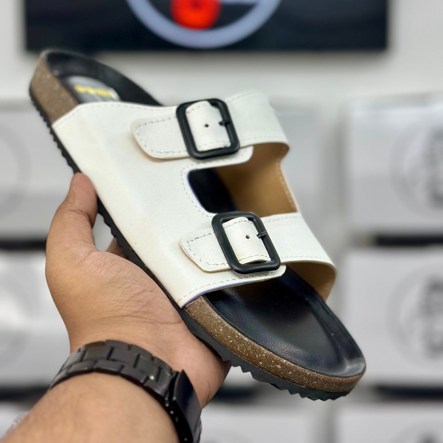 Esrakz White Two-Strap Buckle Slide Sandal | Cork Footbed