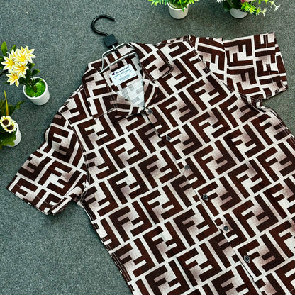 Brown Geometric Print Short Sleeve Shirt – Bold Casual Wear for Men