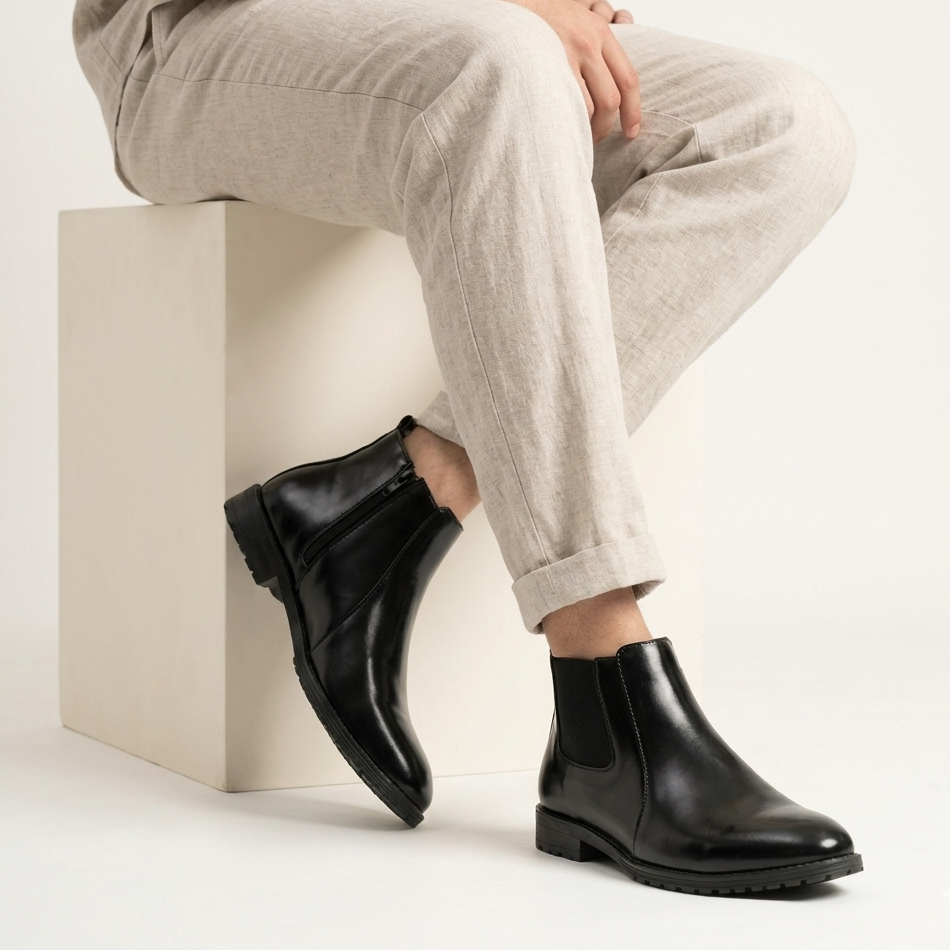 Esrakz Black Polished Chelsea Boots – Round Fit Chain