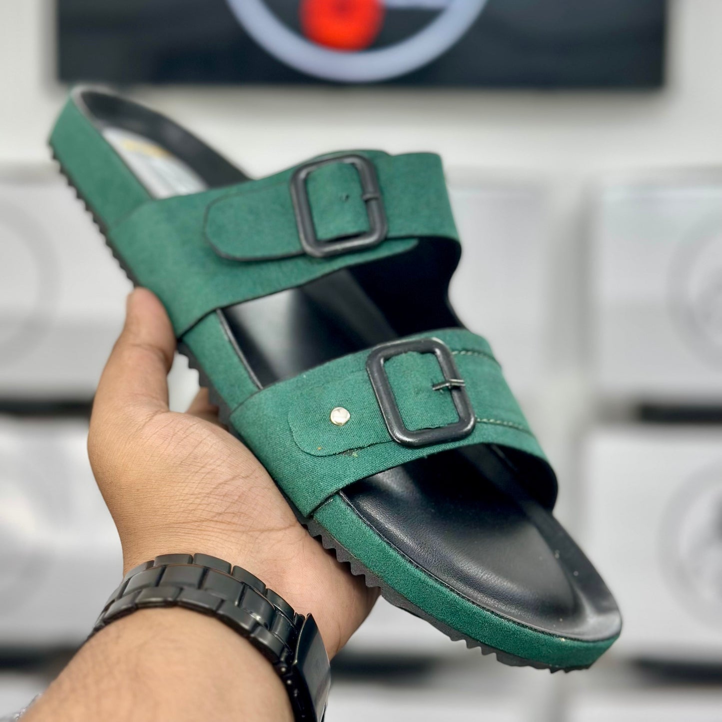 Esrakz Emerald Suede Two-Strap Slide Sandal | Black Sole Comfort