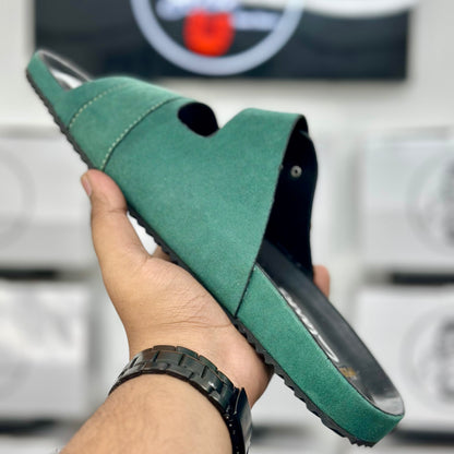 Esrakz Emerald Suede Two-Strap Slide Sandal | Black Sole Comfort