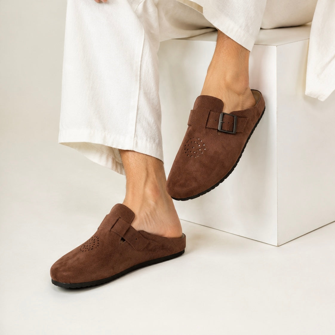 Esrakz Classic Brown Suede Slip-On Buckle Mule