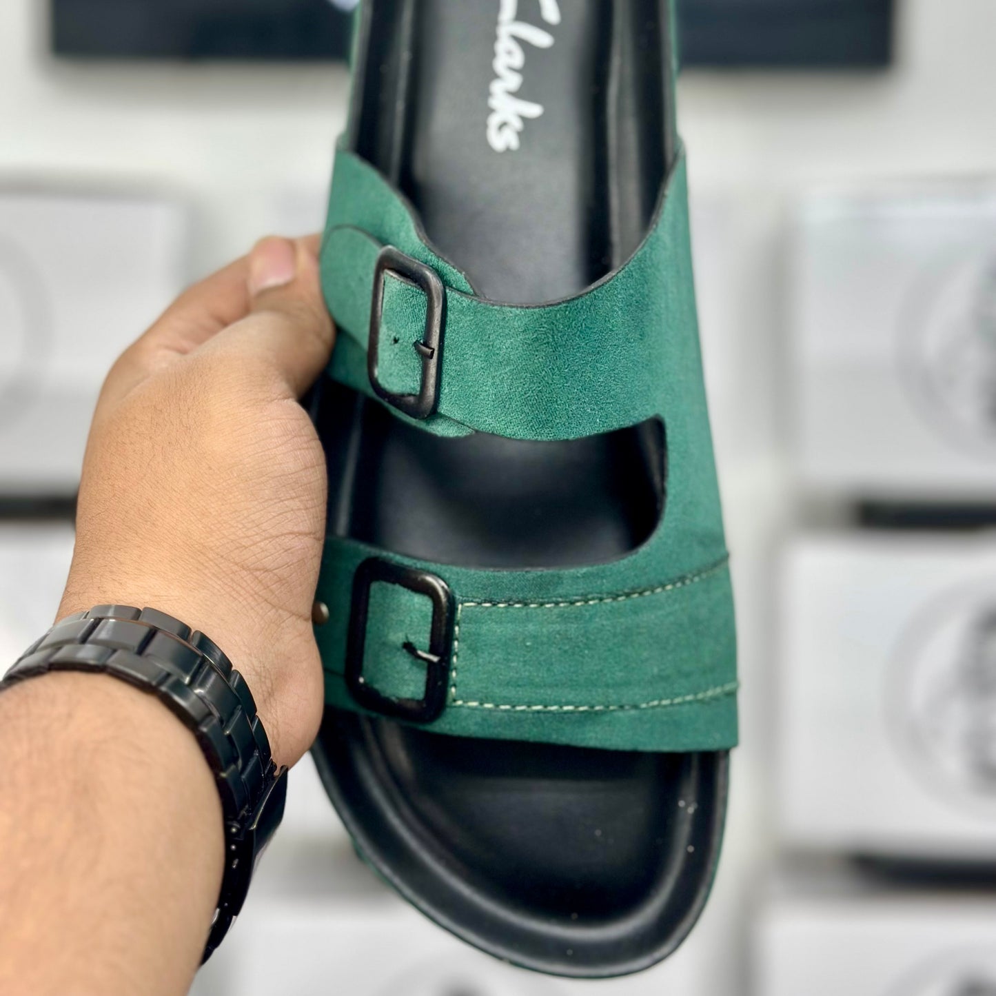 Esrakz Emerald Suede Two-Strap Slide Sandal | Black Sole Comfort