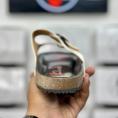 Esrakz White Two-Strap Buckle Slide Sandal | Cork Footbed