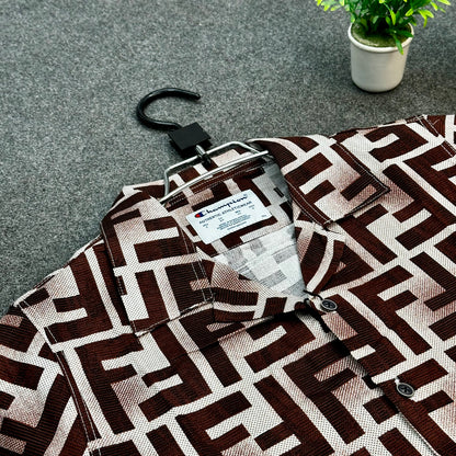 Brown Geometric Print Short Sleeve Shirt – Bold Casual Wear for Men