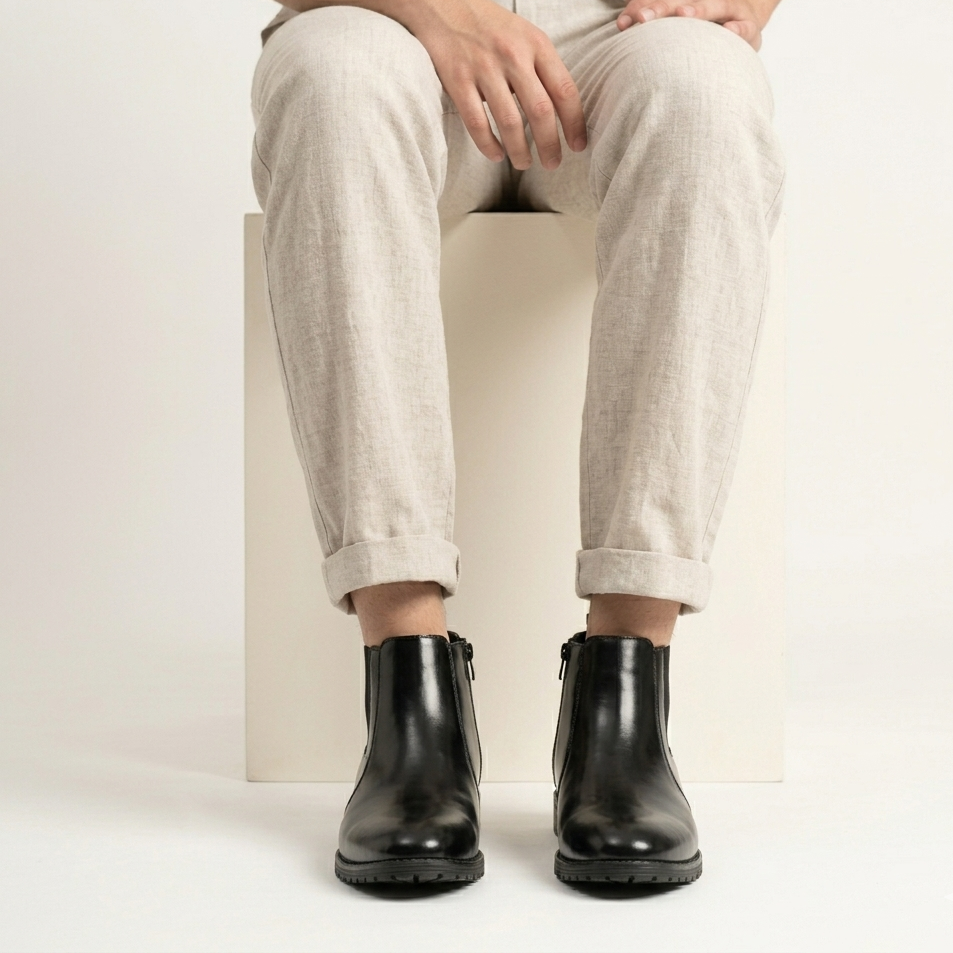 Esrakz Black Polished Chelsea Boots – Round Fit Chain