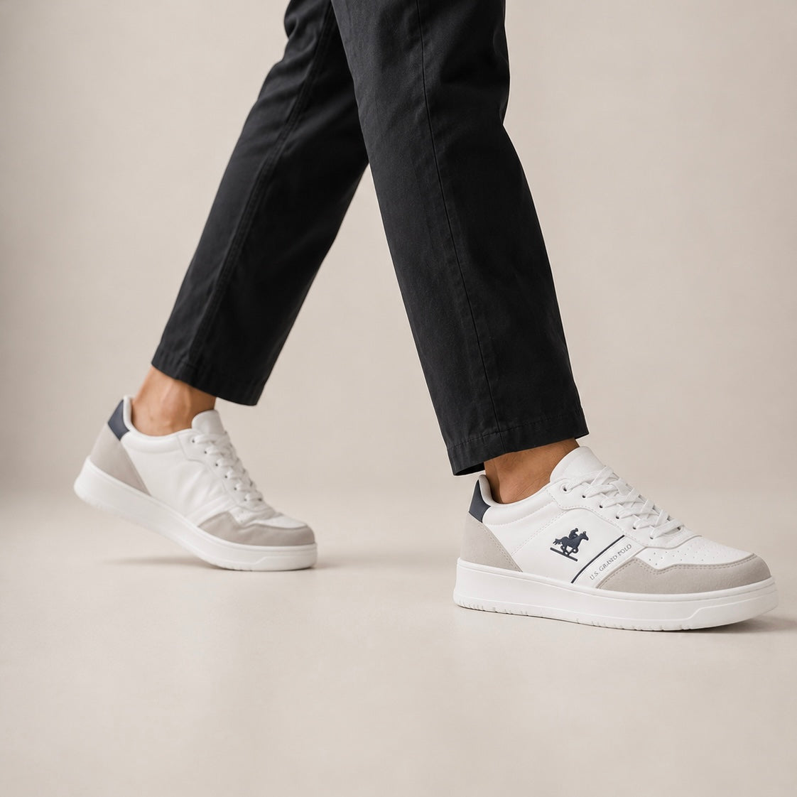 U.S. Grand Polo Men’s Premium White & Grey Casual Court Sneakers – Lace-Up Lifestyle Shoes