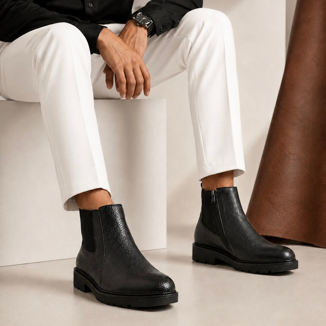 Luxury Chunky Chelsea Boot – Handmade Genuine Cow Leather:Black