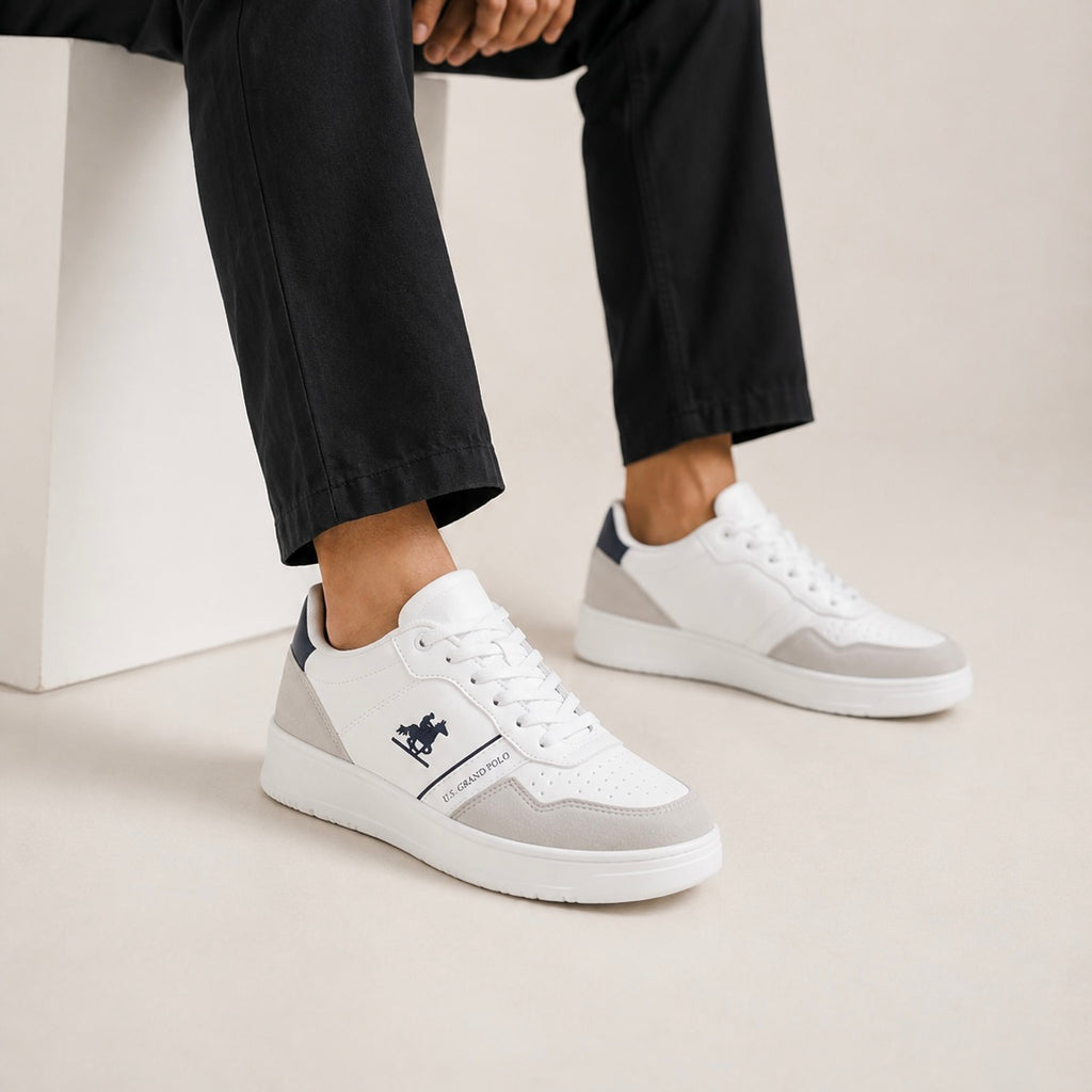 U.S. Grand Polo Men’s Premium White & Grey Casual Court Sneakers – Lace-Up Lifestyle Shoes