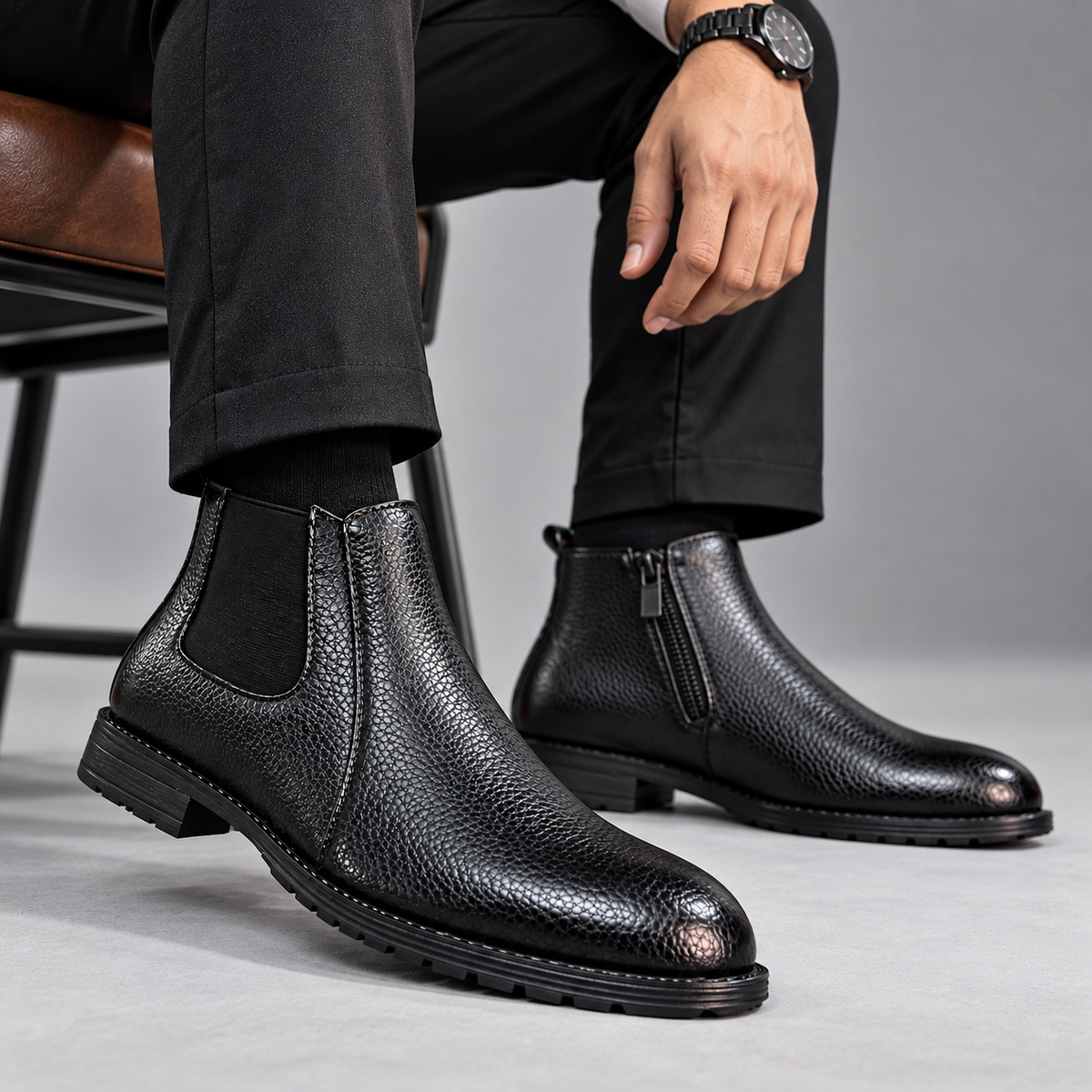 Esrakz Black Chelsea Boots for Men | Elastic + Chain
