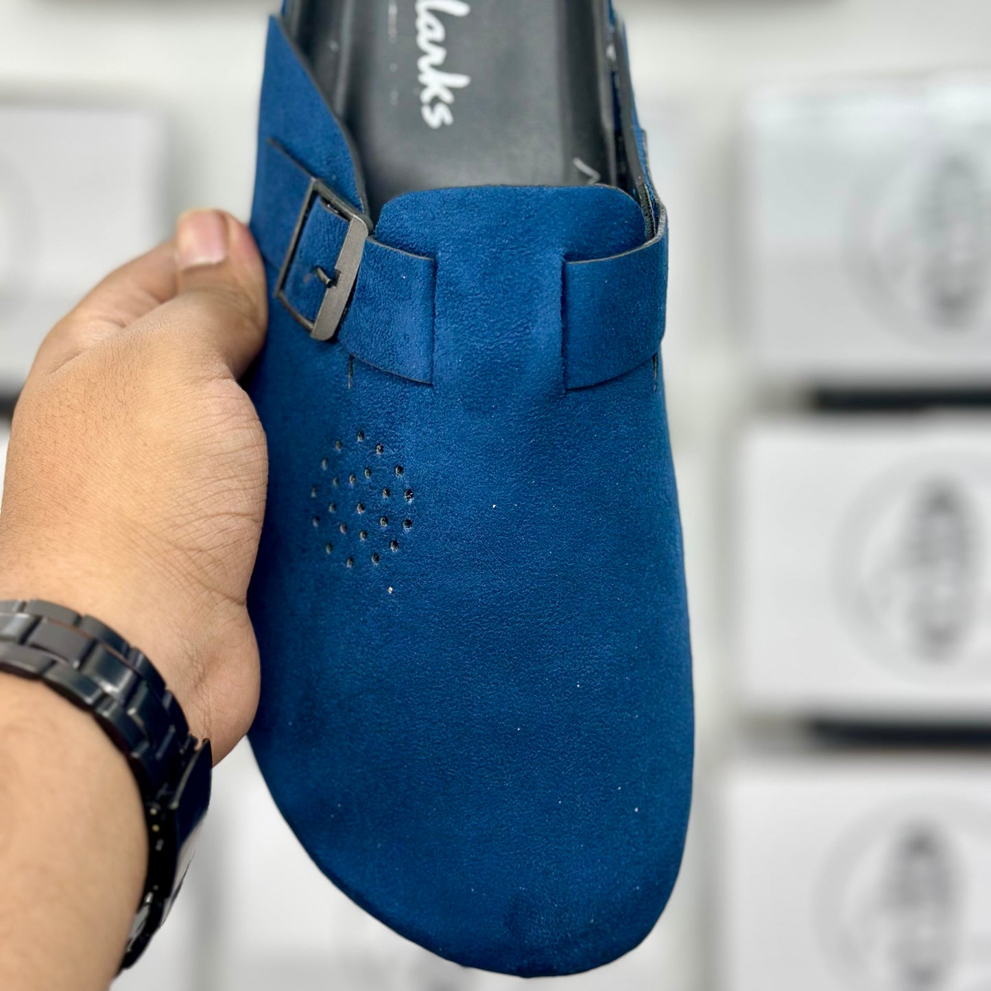Esrakz Royal Blue Suede Slip-On Buckle Mule