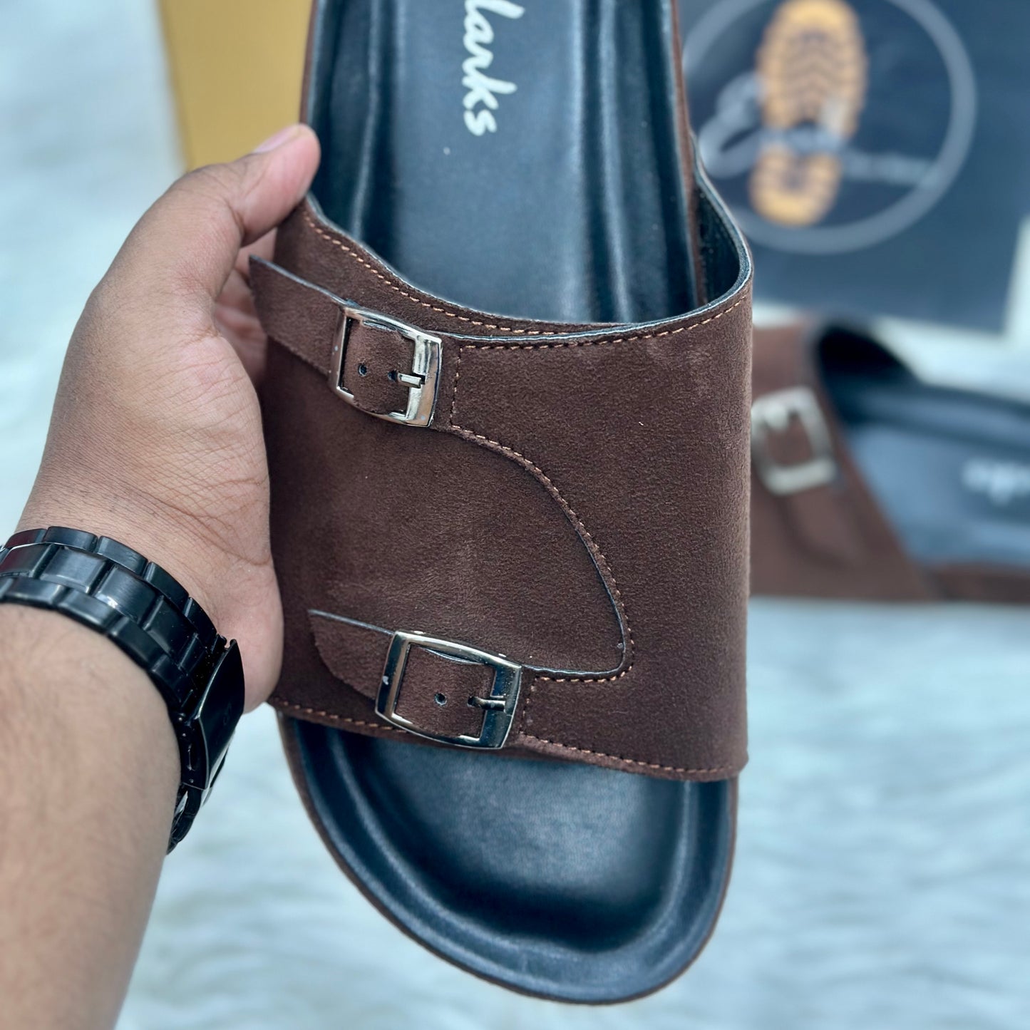 Esrakz Double Buckle Suede Slide Sandals – Chocolate 03