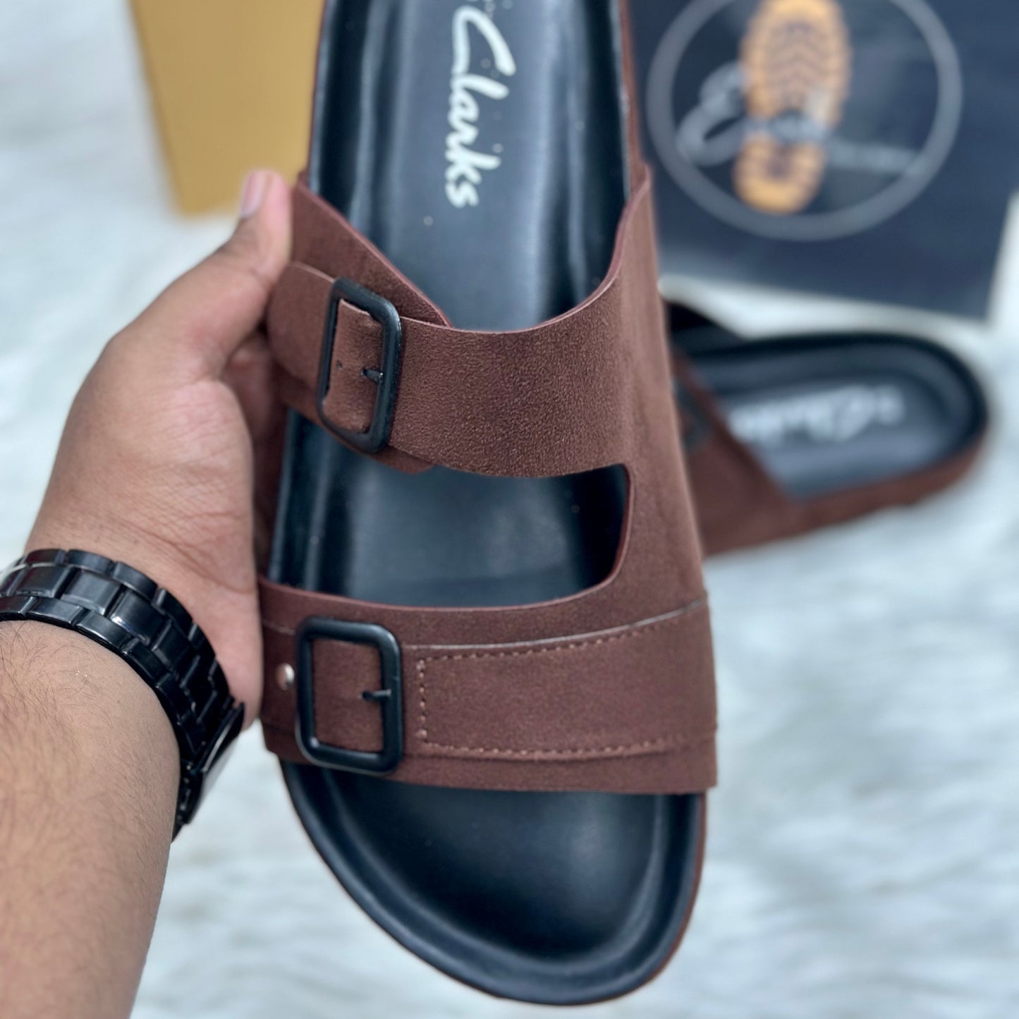 Esrakz Double Buckle Suede Slide Sandals – Chocolate 01