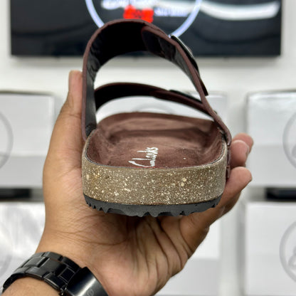 Esrakz Rich Brown Dual-Strap Cork Footbed Comfort Slides